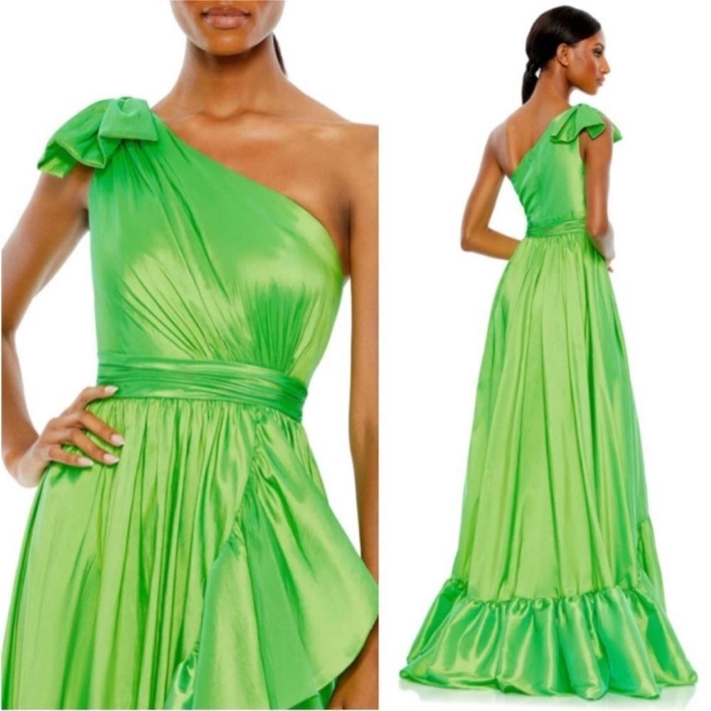 Mac Duggal 68027 NWT One Shoulder Bow Asymmetrical Hem Gown in Spring Green - Picture 2 of 6